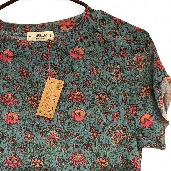 NEW Natural Life Floral Mesh Sleeve Tee Large - Picture 3 of 5
